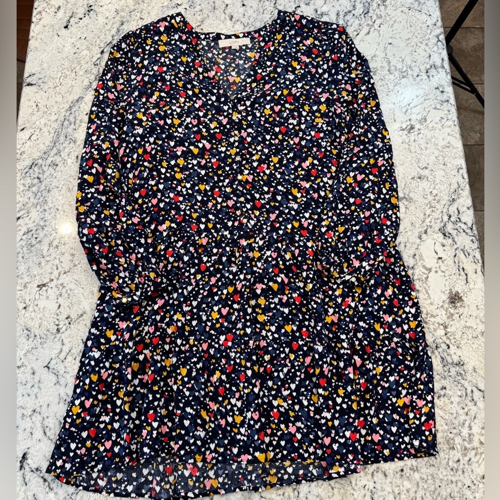 LOFT Navy Heart Print Babydoll Dress Medium Long Sleeve Flowy Mini - Picture 10 of 11